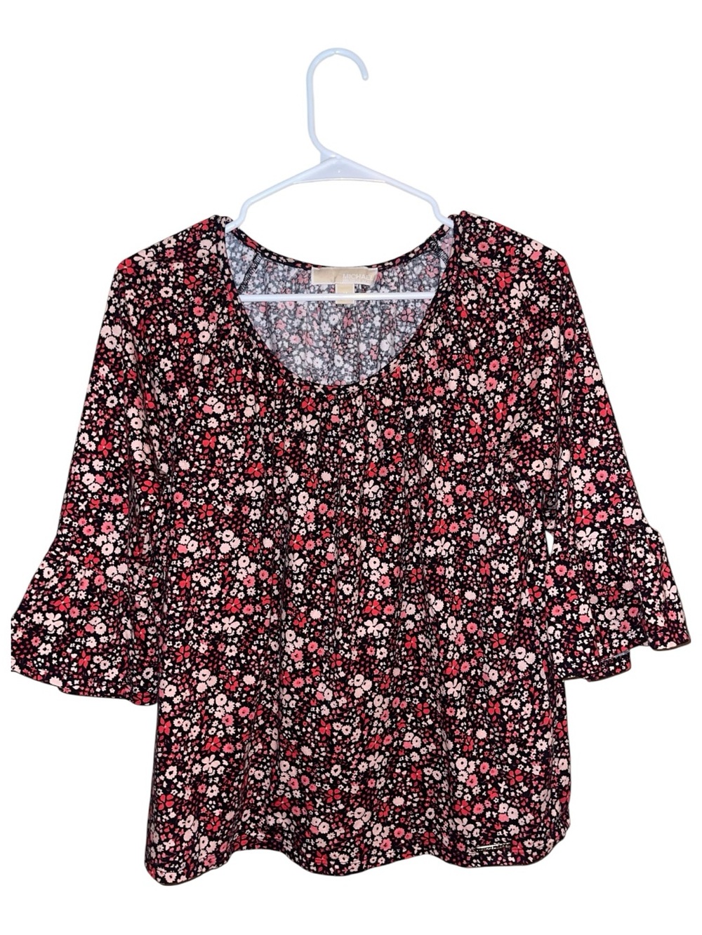 Michael Kors Ditsy Floral Bell Sleeve Top Medium Red Black Scoop Neck Blouse